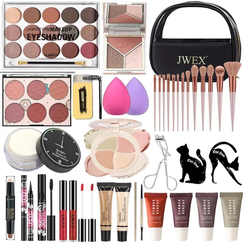 Miniatura 9 de Kit completo de maquillaje de 34 piezas todo en uno para mujeres, incluye paleta de sombras de ojos, barra de contorno, jabón para cejas, juego