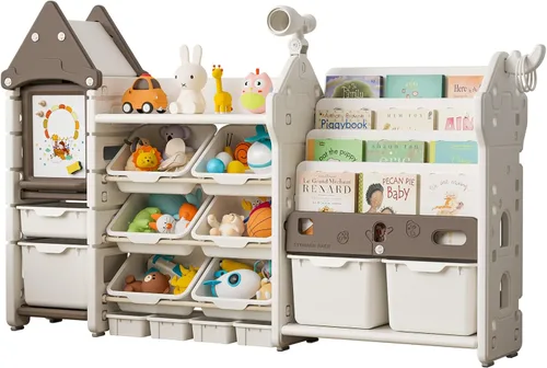 UNICOO Organizador de almacenamiento de juguetes para niños con estantería, organizador de sala de juegos de 14 cubos y estantería, estante de Marrón