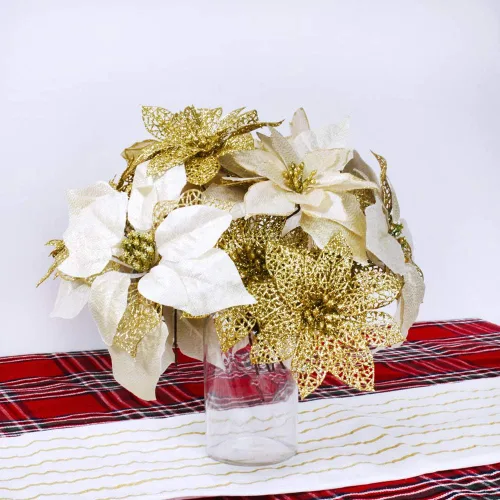 Miniatura 5 de Supla Paquete de 24 piezas de flores de Pascua doradas con purpurina dorada para árbol de Navidad, adornos de 5.9 pulgadas de ancho para coronas