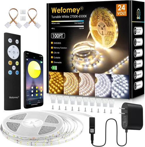 Wefomey - Tiras de luces LED blancas, 100 pies de cinta de luz LED regulable y brillante de 24V con control remoto y aplicación, 2700K-6500K, 1440