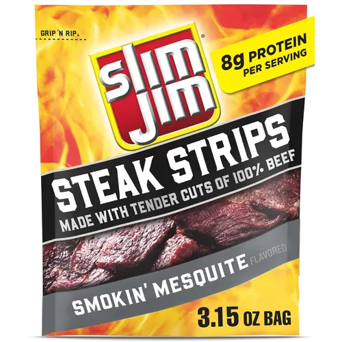 Slim Jim Tiras de carne ahumada, sabor a mezquite ahumado, 0.28 oz de proteína por porción, regalo de aperitivo de carne para el día del padre, 3.15