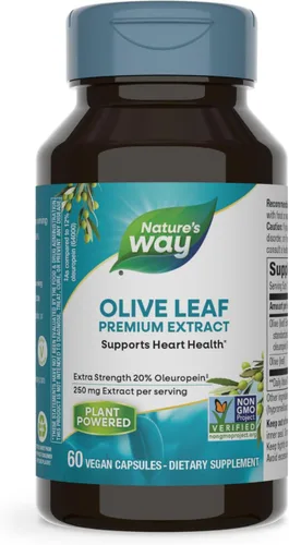 Nature's Way Hoja de olivo, extracto premium, apoya la salud del corazón*, 20% de oleuropeína, 250 mg por porción, proyecto verificado sin OMG, 60