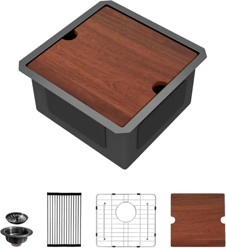Miniatura 17 de Fregadero de cocina negro de 12 x 15 pulgadas, fregadero de barra pequeña con estación de trabajo de preparación de barra húmeda, lavabo de acero
