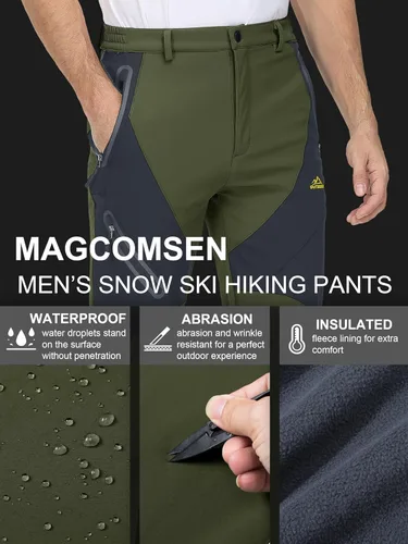 Miniatura 4 de MAGCOMSEN Pantalones de invierno para hombre, pantalones de nieve con forro polar, resistentes al agua, 4 bolsillos con cremallera, pantalones