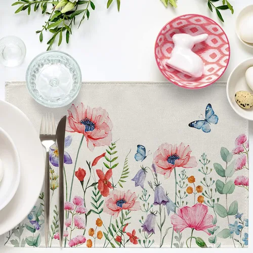 Miniatura 4 de Seliem Juego de 4 manteles individuales de flores de anémona de primavera, acuarela, rosa, floral, mariposa, comedor, decoración del hogar, cocina