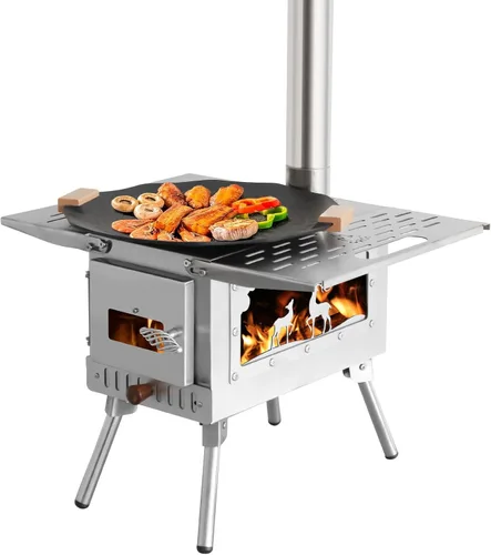Miniatura 2 de Estufa para Tienda de Campaña al Aire Libre Estufa de Camping Portátil Estufa de Acero Inoxidable con Tubo de Chimenea para Cocinar al Aire Libre