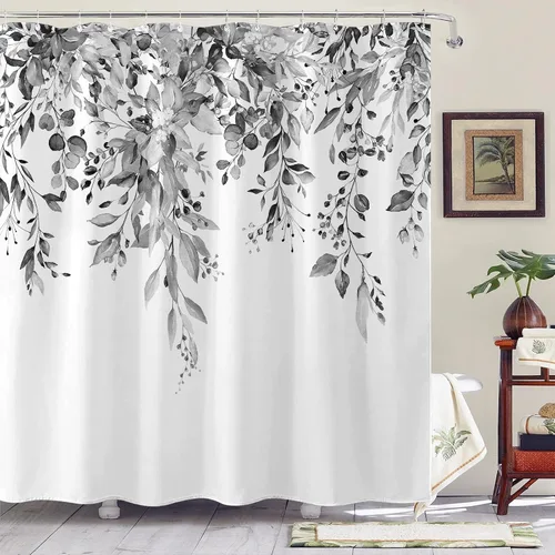 Miniatura 3 de kampdream Cortina de ducha de plantas de eucalipto gris y blanco, hojas de acuarela en la parte superior, cortina de baño botánica, 72 x 72 pulgadas