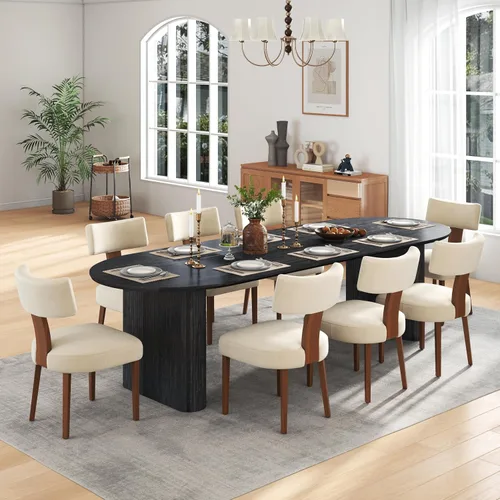 Miniatura 11 de Juego de mesa de comedor ovalada extensible de 59 a 90 pulgadas con 4 sillas de comedor con respaldo en T para 4 personas, moderna mesa de comedor