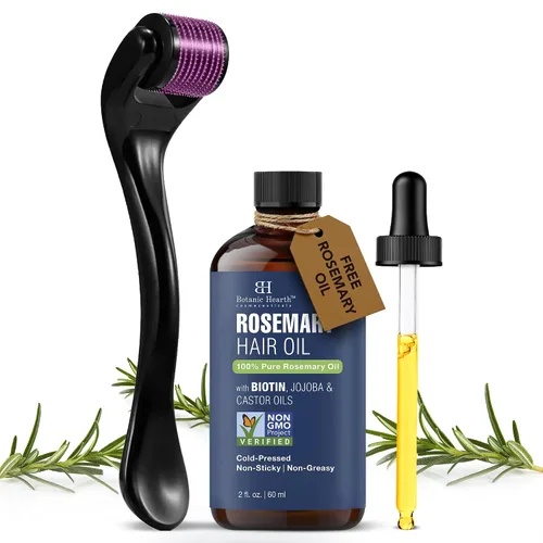 Botanic Hearth Derma Roller para el crecimiento del cabello con aceite de romero para el cabello (2 onzas) | Rodillo de microagujas de 0.09 pulgadas