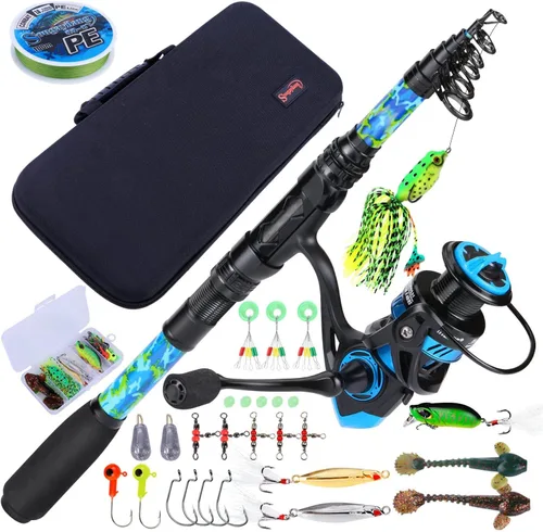 Sougayilang Combos de caña de pescar y carrete con caña de pescar telescópica, carretes giratorios, bolsa de transporte de pesca para viajes, agua