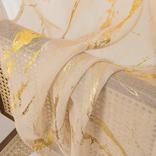 Miniatura 8 de Cortinas Transparentes Beige con Estampado de Lámina de Mármol Dorado de 63 Pulgadas de Largo para Cuarto de Bebé, Paneles de Ventana con Bolsillo