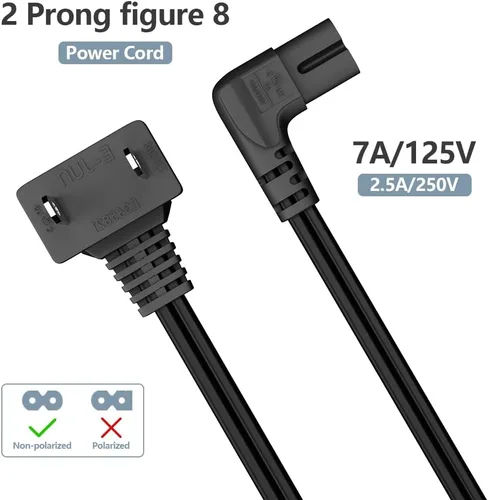 Miniatura 4 de Cable de alimentación de TV, cable de alimentación universal de 2 clavijas en ángulo no polarizado de 18 AWG, NEMA 1-15P a IEC320 C7 Figura 8