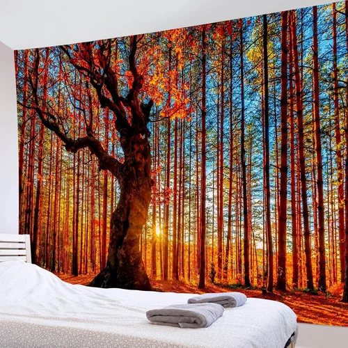 Miniatura 26 de LB Tapiz de Navidad de invierno, ventana de invierno exterior, pino nevado en bosque, tapiz de pared para dormitorio, paisaje de montaña, arte