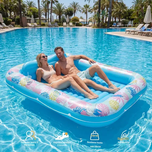 Miniatura 4 de OKSUWATER - Flotador para tumbona bronceadora para piscina, de 87 x 63 pulgadas, para adultos, con reposacabezas y soporte para bebidas, cama Azul