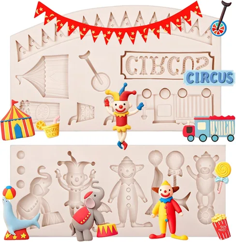 Moldes de silicona para fondant de circo, 2 unidades, moldes de chocolate de elefante payaso, molde de cocina para hornear para decoración de