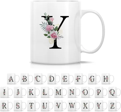 Miniatura 21 de Retreez Ramo botánico floral inicial A-Z con monograma, taza con monograma de cerámica de 11 onzas, regalo de agradecimiento de agradecimiento