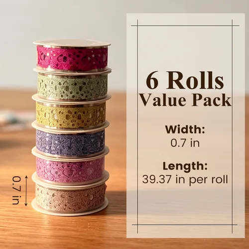 Miniatura 6 de SallyFashion Juego de cintas washi decorativas, 6 rollos de cinta Washi de encaje con purpurina para suministros de fabricación de tarjetas