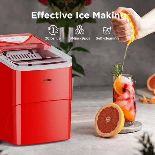 Miniatura 2 de Silonn - Máquina de hacer hielo para encimera, 9 cubos listos en 6 minutos, autolimpiable, 2 tamaños tipo bala, para casa, cocina, oficina, bar