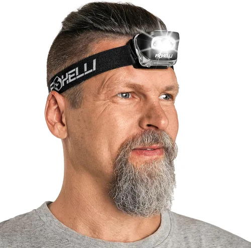 Miniatura 10 de Foxelli Linterna de Cabeza LED para Adultos y Niños, para Correr, Acampar, Hacer Senderismo, Faro de Cabeza con Luz Blanca y Roja, Diadema Cómoda