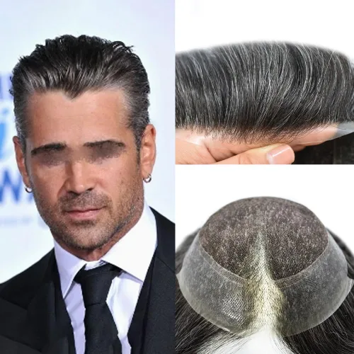 Miniatura 24 de LYRICAL HAIR Sistema de cabello humano Remy de encaje francés súper fino para hombre, piel de poliéster transparente alrededor de las pelucas, tupé