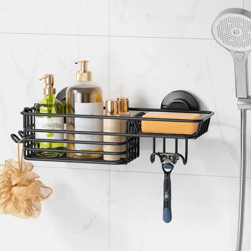 LEVERLOC Cesta de ducha con ventosa, cesta de ducha con ganchos y jabonera para baño, organizador de ducha para baño sin necesidad de taladrar,
