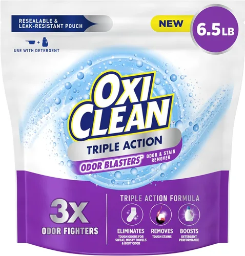 Miniatura 10 de OxiClean Polvo removedor de olores y manchas de triple acción, uso con detergente, elimina olores difíciles y elimina manchas, color seguro y sin