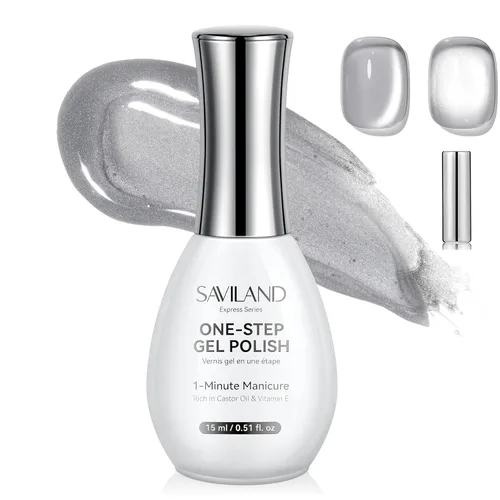 SAVILAND Glazed Nails - Esmalte de uñas de gel de un solo paso: 0.5 onzas de esmalte de gel de ojo de gato, bolígrafo de arte 5 en 1 Jelly Silver