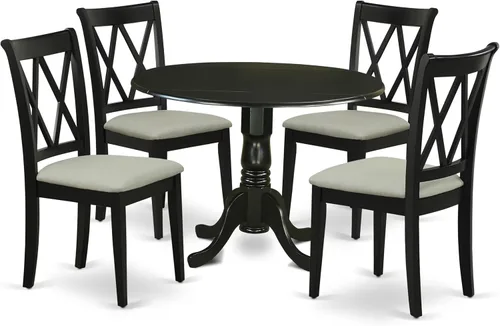 East West Furniture DLCL5-BLK-C - Juego de mesa de comedor de 5 piezas, incluye una mesa de comedor redonda con gotas y 4 sillas tapizadas de tela