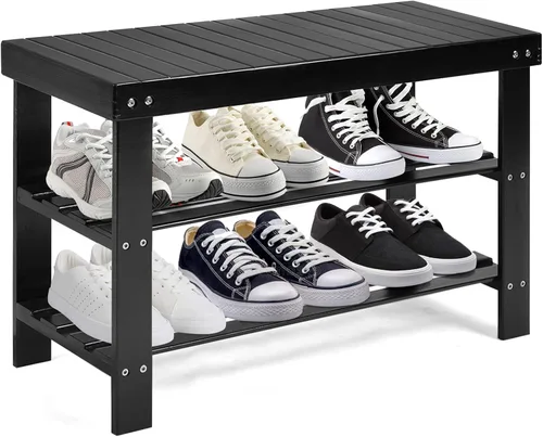 Giantex Banco de zapatos de entrada, organizador de zapatos de bambú con capacidad para hasta 6 pares, 3 niveles de almacenamiento de zapatos Negro