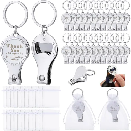 Kanayu Llavero con clip de uñas, abrebotellas, regalo de boda a granel con cordón blanco, bolsa de organza para baby shower, regalo de fiesta (24