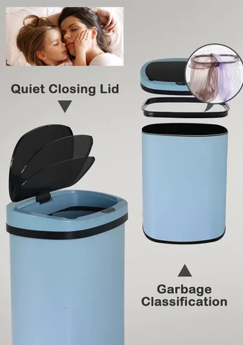 Miniatura 3 de MKDLUFEI Bote de basura automático de 13 galones, sensor de movimiento, sensible al tacto, acero inoxidable cepillado, diseño silencioso, alta Azul