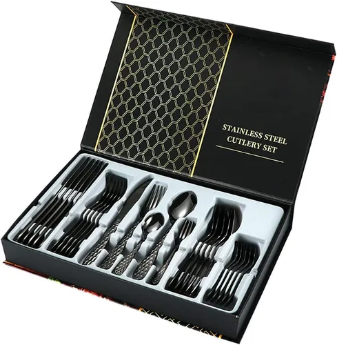 Juego de cubiertos martillados con caja de 30 piezas moderno de acero inoxidable cuadrado para 6, vajilla de metal, cuchillos, tenedores, cucharas