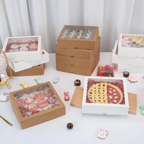 Miniatura 4 de TEMLQPACK 6 piezas cajas de panadería marrones de 10 x 10 x 2.5 pulgadas con ventana, tartas, galletas, fresas cubiertas de chocolate, corazón