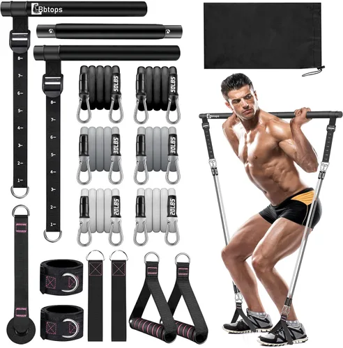 Kit de barra de pilates Bbtops con bandas de resistencia, barra de pilates con bandas apilables, equipo de entrenamiento para piernas, cadera, Negro