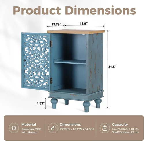 Miniatura 2 de MAISON ARTS Gabinete de Acento Pequeño con Una Puerta, Gabinete de Almacenamiento Calado Mesa Lateral Envejecida con Patas de Madera Sólida para Azul