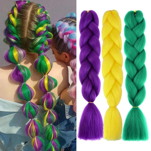 Paquete de 3 extensiones de cabello trenzado de colores de 24 pulgadas, extensiones de cabello sintético para trenzar, morado, verde, amarillo