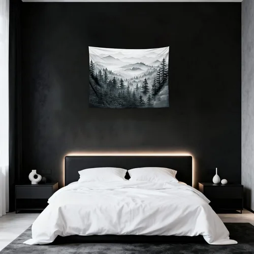 Miniatura 35 de QGHOT Tapiz de bosque brumoso, tapiz de montaña natural para colgar en la pared, paisaje de acuarela verde salvia, arte de pared para dormitorio