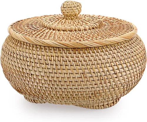 Miniatura 12 de Hipiwe Cajas de Cestas Redondas de Ratán con Tapa Tejidas a Mano, Cestas de Almacenamiento de Mimbre, Contenedor, Cesta Decorativa Multiusos