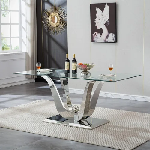 Miniatura 23 de Mesa de comedor moderna de vidrio de 70 pulgadas para 6-8, mesa de comedor de cristal dorado de lujo con base de acero inoxidable en forma de flores