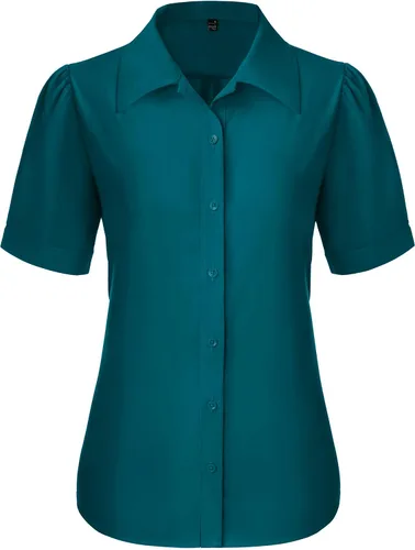 Miniatura 32 de Gleeivy Camisas de botones para mujer de manga corta abombada, camisas de vestir abotonadas con cuello ajustado, blusa superior de trabajo