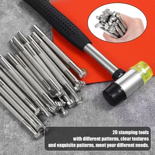 Miniatura 5 de 21 herramientas de estampado de cuero, kit de estampado de cuero con martillo de goma, 20 sellos de formas especiales diferentes para tallar sellos