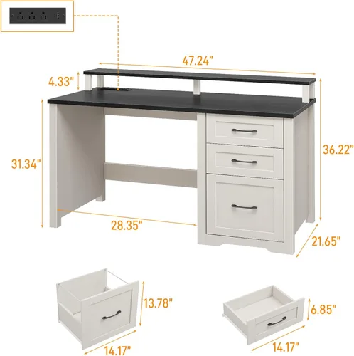 Miniatura 2 de Vabches 47" Farmhouse Executive Desk with Monitor Stand & File Cabinet,3 Drawers Computer Desk with LED Lights and Power Outlets,Workstation for