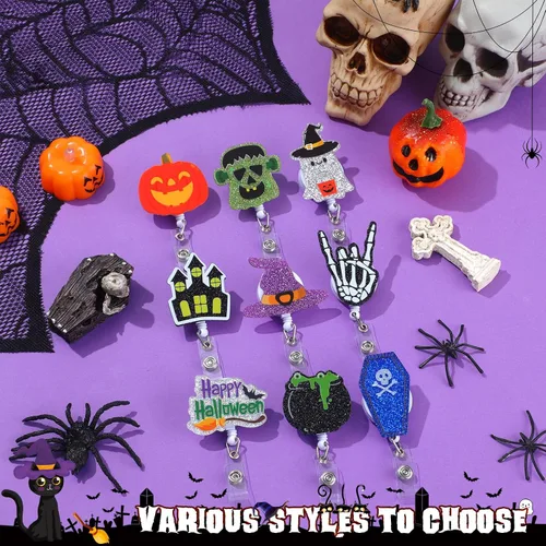 Miniatura 6 de 9 piezas de portarretes de insignia de Halloween con purpurina divertida para Halloween, fantasma, calabaza, insignias, retráctiles, lindos carretes