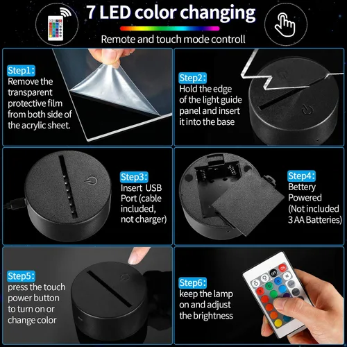 Miniatura 3 de Honoson 4 Piezas Bases de Lámpara LED Nocturna 3D con 4 Piezas Láminas de Acrílico Transparente Control Remoto Cable USB Ajustable 16 Colores 4