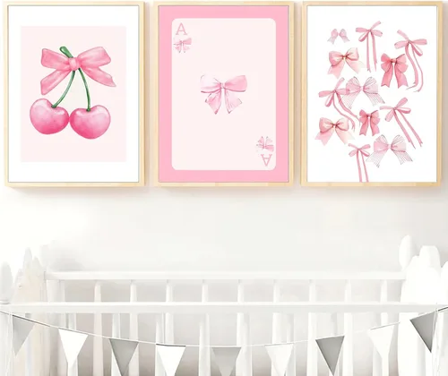 Miniatura 11 de Juego de 3 lienzos de arte de pared de lazo rosa de cerezo rosa para decoración de pared femenina, lazos de acuarela, decoración de pared