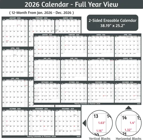 Miniatura 3 de Calendario de borrado en seco 2026, calendario anual grande de pared, 38.2 x 25.2 pulgadas, calendario reversible de 2 lados 2026