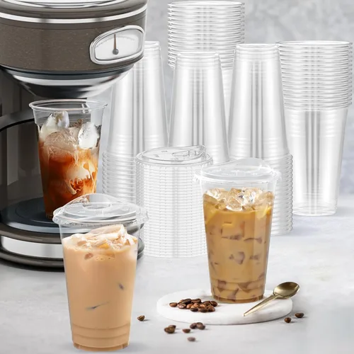 Miniatura 6 de Dealusy Paquete de 100 vasos de plástico transparente de 24 onzas con tapas, resistentes y seguros para alimentos, tazas de café helado con tapas