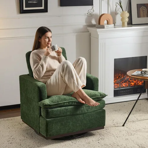 Miniatura 17 de VINGLI Silla giratoria de 360° con cojines de asiento de doble capa, sillón giratorio moderno, silla de club cuadrada tapizada para sala de estar
