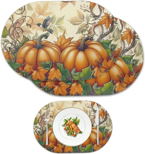Miniatura 61 de Non Slip Placemats Set of 6 Pumpkin Mushroom Theme Waterproof Wipeable Faux Leather for Thanksgiving Family Feast Heat Resistant Dining Table Mats