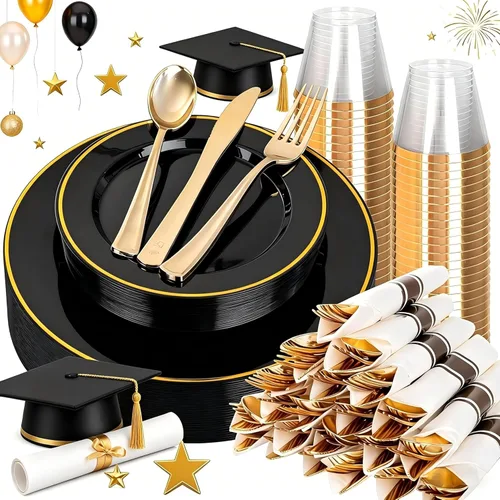 SUT Juego de vajilla de plástico negro y dorado de 175 piezas para 25 invitados, incluye: 25 platos llanos, 25 platos de postre, 25 servilletas